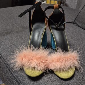 Chic Black and Pink Feathered Women's Heels